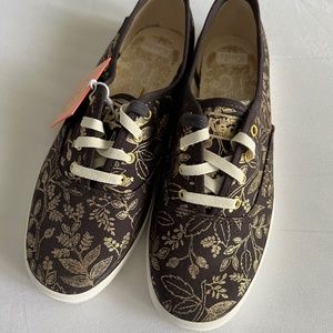 Keds x Rifle Paper Co. Black and Gold Floral Print Shoes, Brand New, Size US 7
